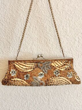 Vintage Hand Beaded Satin Evening Bag With Chain